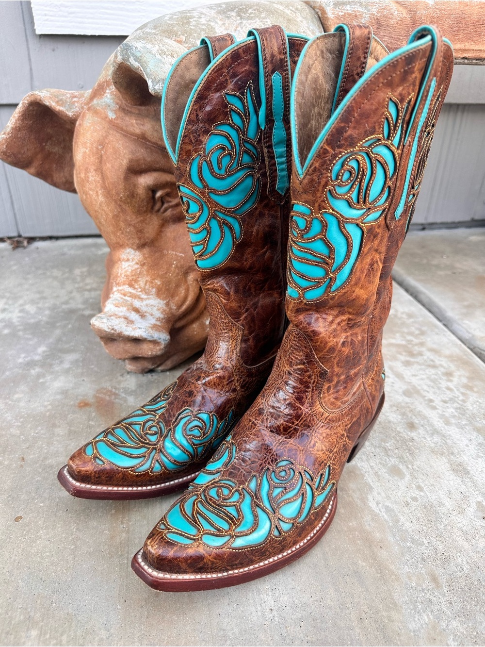 Ariat Turquoise Floral Inlay Brown Leather Cowboy Boots - Women size 9